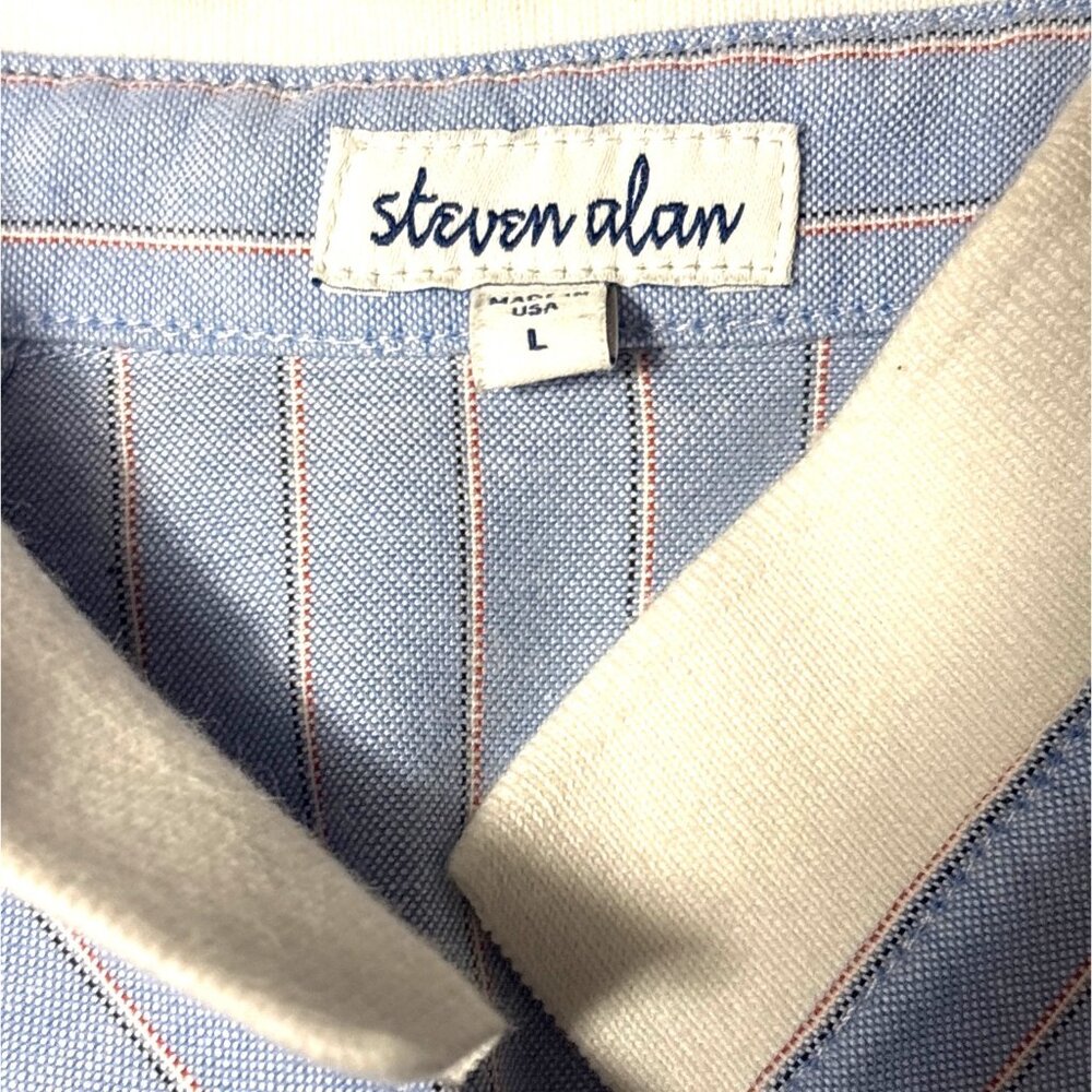 Steven Alan Mens Blue Pinstripe Button-Up Shirt White Ribbed Collar & Cuffs L - Picture 3 of 4